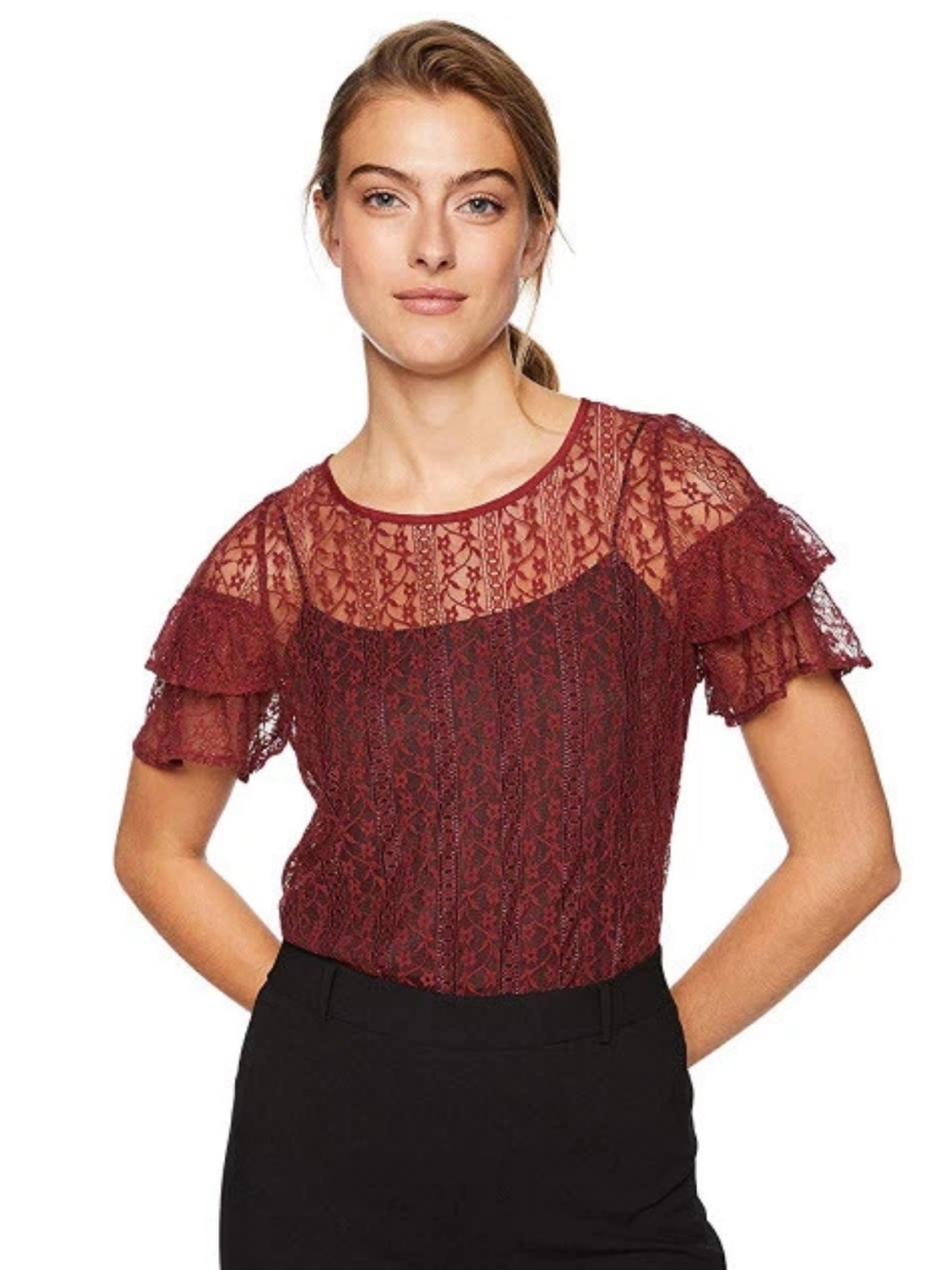 BCBGeneration Burnt Burgundy Lace Ruffle Sleeve Blouse - L